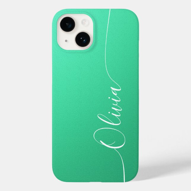 Aquamarine White Elegant Calligraphy Script Name Case-Mate iPhone 14 Hülle (Rückseite)