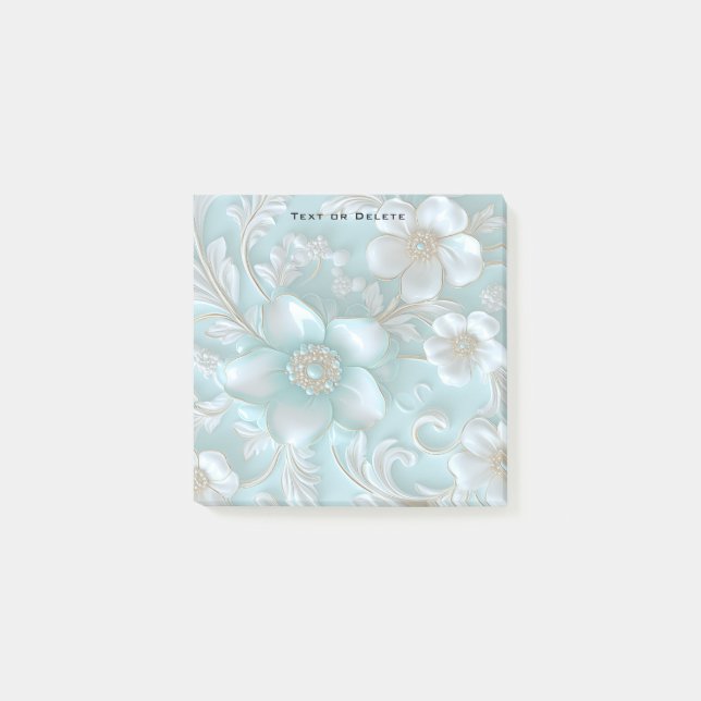 Aquamarine White Floral Post Hinweise Post-it Klebezettel (Vorderseite)