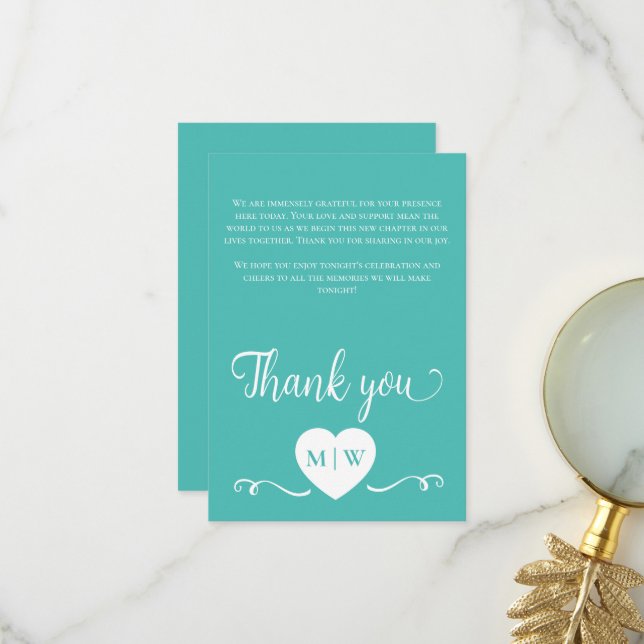 Aquamarine White Wedding Herzinitis Vielen Dank Dankeskarte (Vorderseite/Rückseite Beispiel)