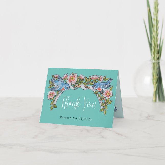 Aquamarine Wildblume Rose Bird Border Boho Hochzei Dankeskarte (Vorderseite)
