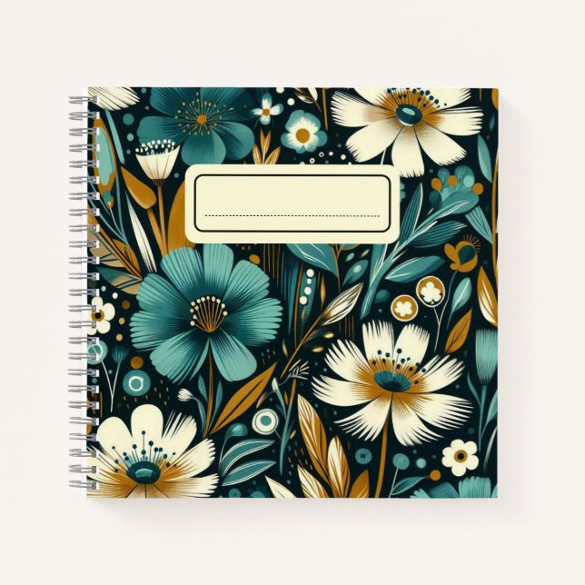 Aquamarine Wildblumen & Vögel - Moderne Kunst - Bi Notizbuch (Vorderseite)