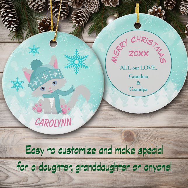 Aquamarine Winterschneeflocke Kitten Kid's Keramik Ornament (Von Creator hochgeladen)