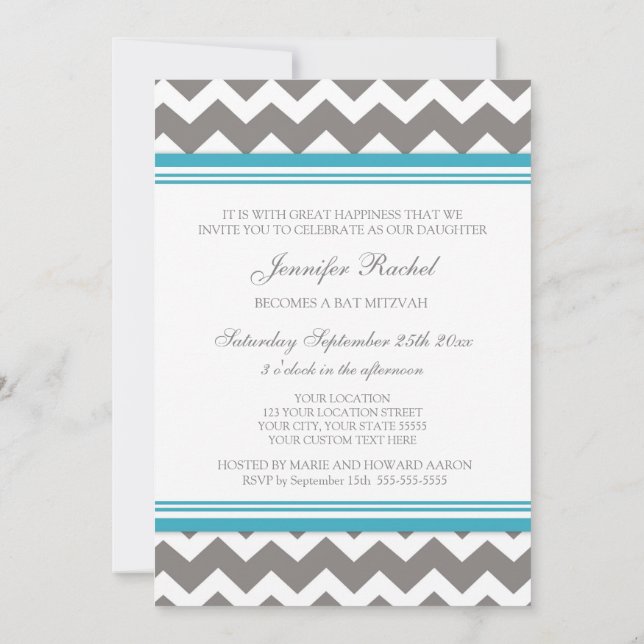 Aquamarine Zickzack Bat Mitzvah Einladungen (Rückseite)