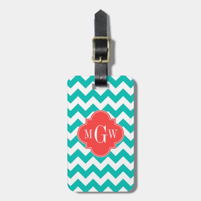Aquamarine Zickzack Korallenfolie 3 Monogramm Gepäckanhänger (Vorderseite vertikal)