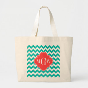 Aquamarine Zickzack Korallenfolie 3 Monogramm Jumbo Stoffbeutel