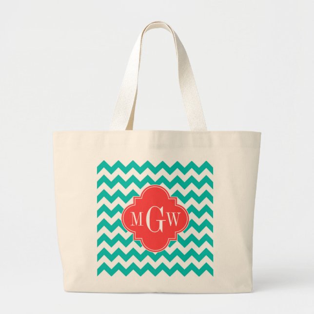 Aquamarine Zickzack Korallenfolie 3 Monogramm Jumbo Stoffbeutel (Vorne)