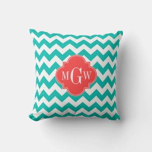 Aquamarine Zickzack Korallenfolie 3 Monogramm Kissen