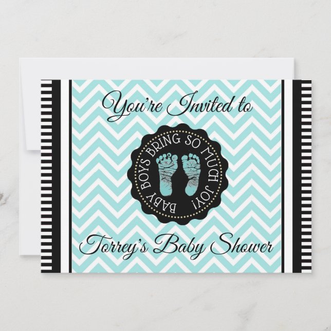 Aquamarine Zickzack und Black Boy Baby Dusche Einl Einladung (Vorderseite)