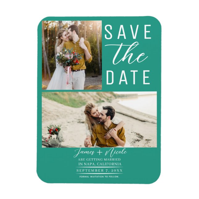 Aquamarinen 2 Fotos Save the Date Hochzeit Magnet (Vertikal)
