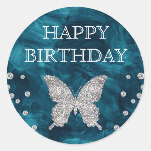 Aquamariner Acrylic & Silver Glitzer Butterfly Geb Runder Aufkleber