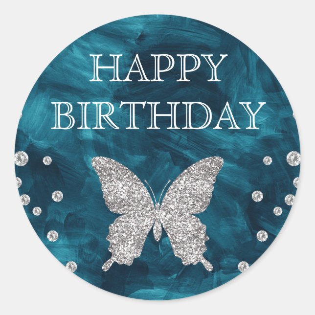 Aquamariner Acrylic & Silver Glitzer Butterfly Geb Runder Aufkleber (Vorderseite)