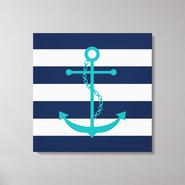 Aquamariner Anker auf blauen Streifen Leinwanddruck (Vorderseite)