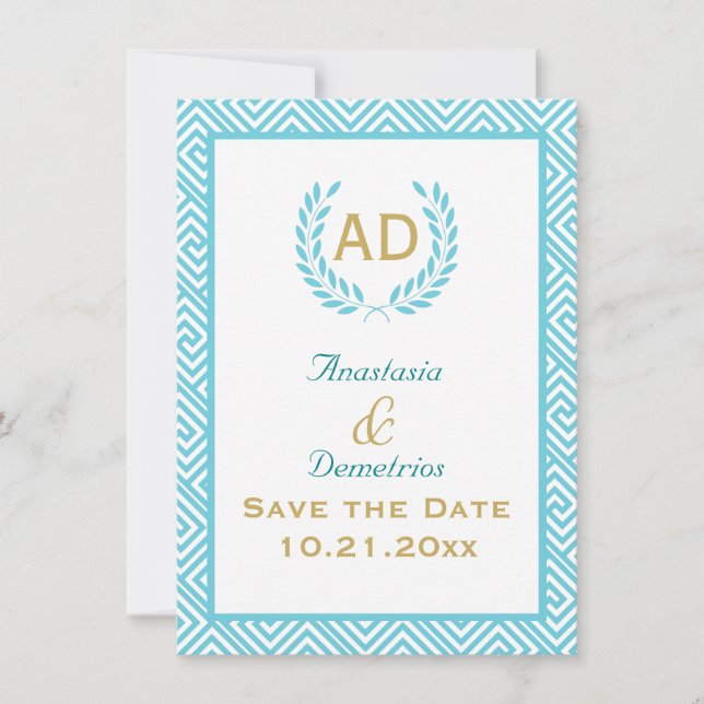 Aquamariner Antrag auf griechischen Schlüssel und  Save The Date (Vorderseite)
