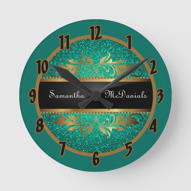Aquamariner Aqua Glitzer Sequin Disco Personalisie Runde Wanduhr (Vorderseite)
