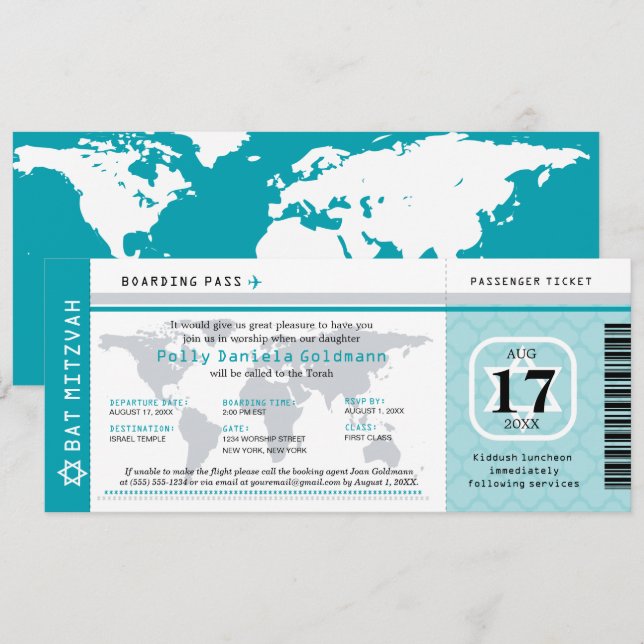 Aquamariner Bat Mitzvah World Traveller Boarding P Einladung (Vorne/Hinten)