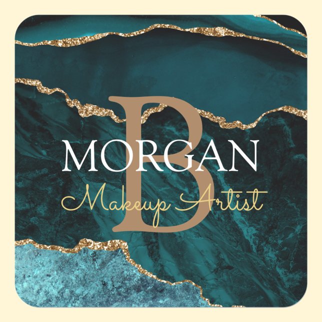 Aquamariner Black Gold Agate DIY Name Monogram Ber Quadratischer Aufkleber (Von Creator hochgeladen)