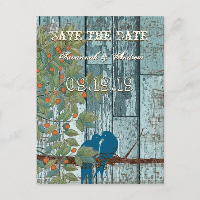 Aquamariner Blaue-Love-Vogel im Baum Save the Date Ankündigungspostkarte (Vorderseite)