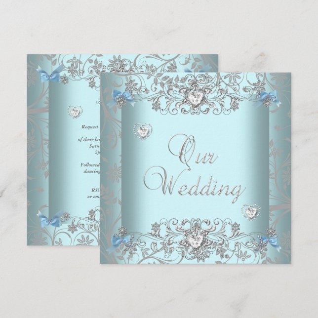 Aquamariner blauer Damast Hochzeitssilber Diamanth Einladung (Vorne/Hinten)