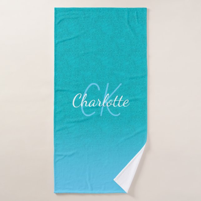Aquamariner blauer Glitzer Aqua-Sea-Green-Monogram Badehandtuch (Badehandtuch)