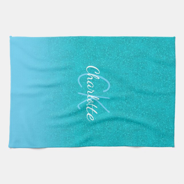 Aquamariner blauer Glitzer Aqua-Sea-Green-Monogram Geschirrtuch (Horizontal)