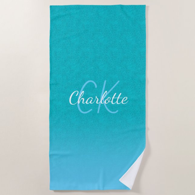 Aquamariner blauer Glitzer Aqua-Sea-Green-Monogram Strandtuch (Vorderseite)