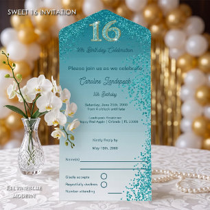 Aquamariner blauer Glitzer Kalligraphie Nr. Sweet All In One Einladung