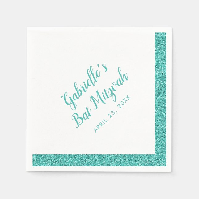 Aquamariner blauer Glitzer Streifen Personalisiert Serviette (Vorderseite)