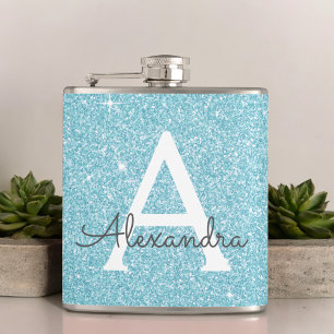 Aquamariner blauer Glitzer und Sparkle Monogramm Flachmann