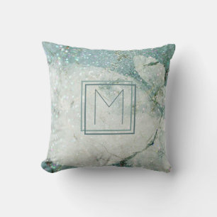 Aquamariner blauer Marmor Abstrakter Monogramm-Rah Kissen