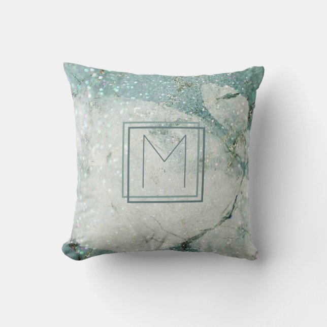 Aquamariner blauer Marmor Abstrakter Monogramm-Rah Kissen (Vorderseite)