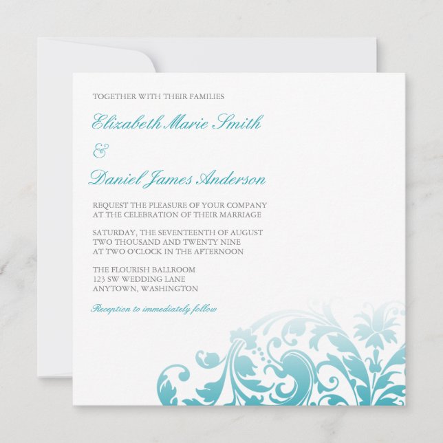 Aquamariner blauer Ombre blühen Strudel-Hochzeit Einladung (Vorderseite)