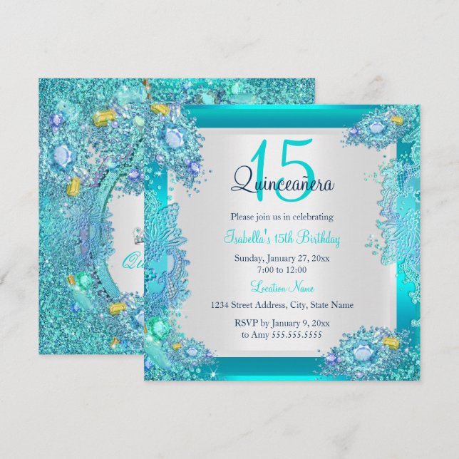 Aquamariner Blauer Ozean Quinceanera 15. Geburtsta Einladung (Vorne/Hinten)