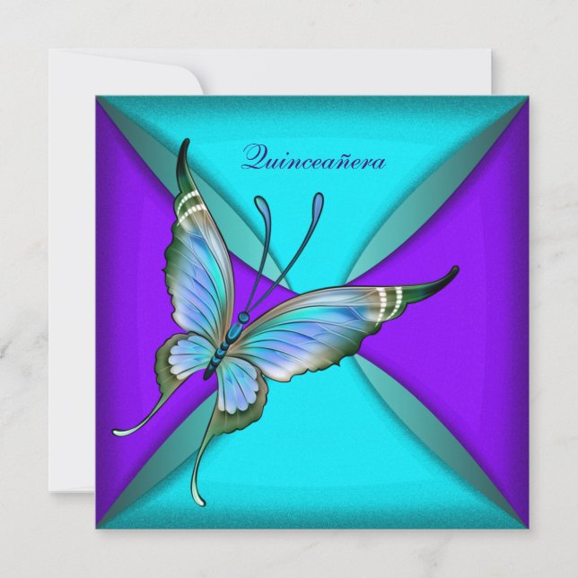 Aquamariner Blauer Schmetterling Quinceanera 15. G Einladung (Vorderseite)