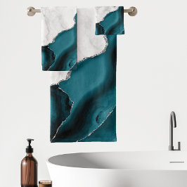 Aquamariner blauer Silberstreifen aus weißem Marmo Badhandtuch Set