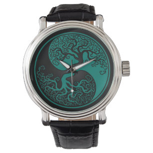 Aquamariner Blauer und schwarzer Baum des Lebens Y Armbanduhr