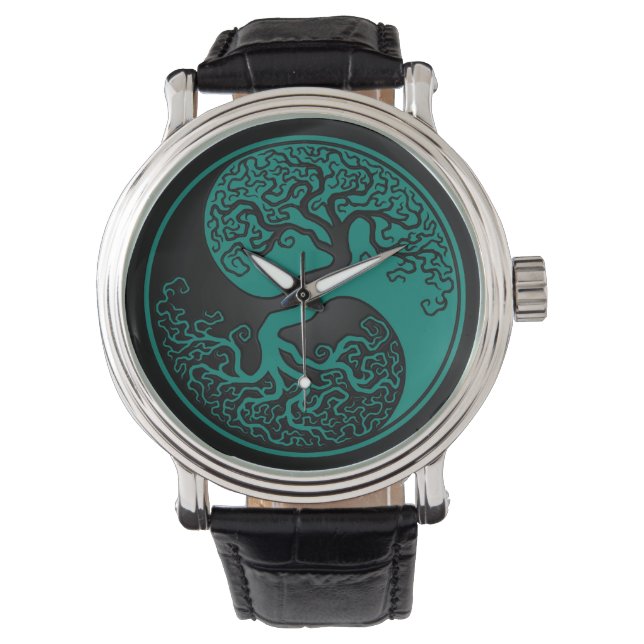 Aquamariner Blauer und schwarzer Baum des Lebens Y Armbanduhr (Vorderseite)