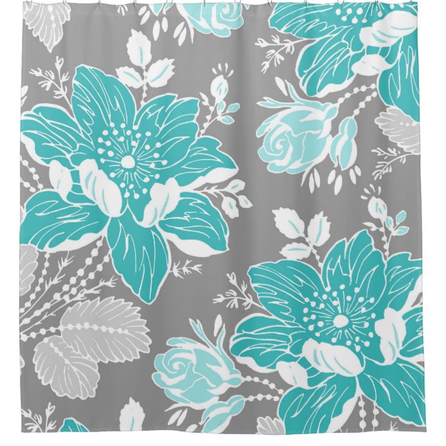 Aquamariner blaues Grau-Blumen-Muster-Duschvorhang Duschvorhang (Vorderseite)
