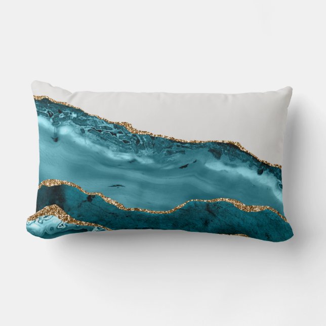 Aquamariner Blue Agate Stone Gold Foil Look Lendenkissen (Vorderseite)