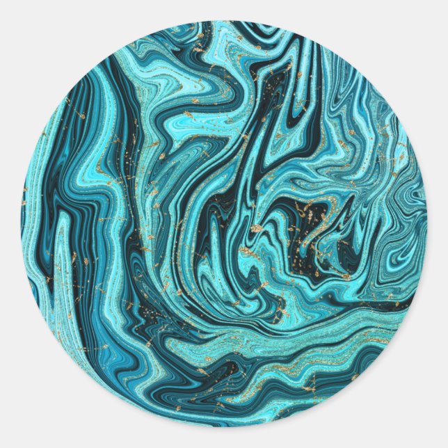 Aquamariner Blue & Gold Chic Swirl Moderne Hochzei Runder Aufkleber (Vorderseite)