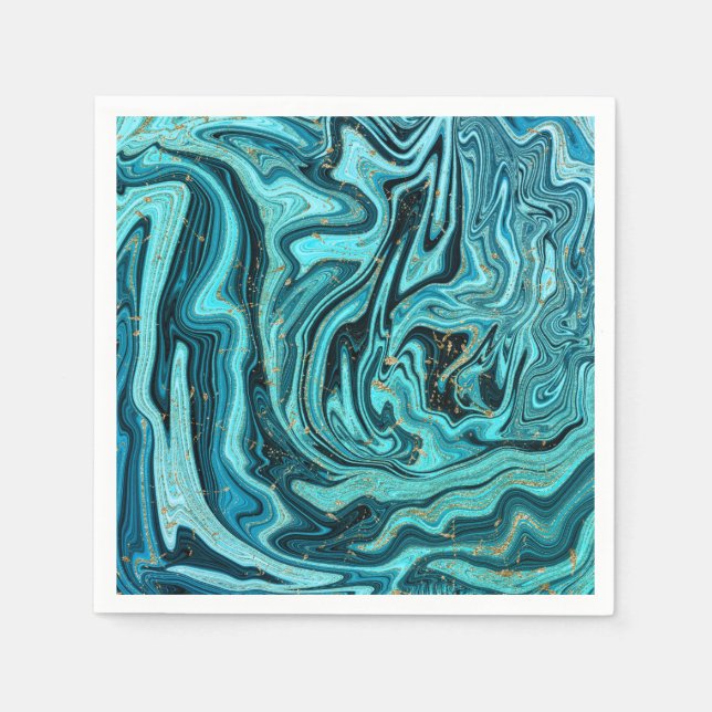Aquamariner Blue & Gold Chic Swirl Moderne Hochzei Serviette (Vorderseite)