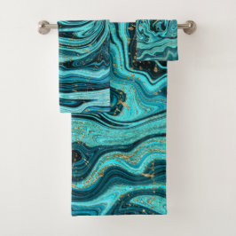 Aquamariner Blue & Gold Chic Swirl Moderner Abstra Badhandtuch Set