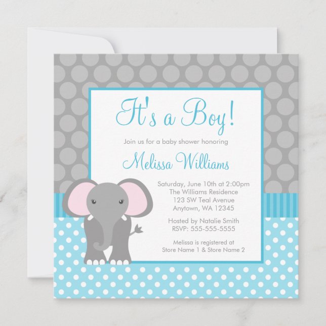 Aquamariner Blue-Gray-Elephant-Polka Dot Boy Baby- Einladung (Vorderseite)