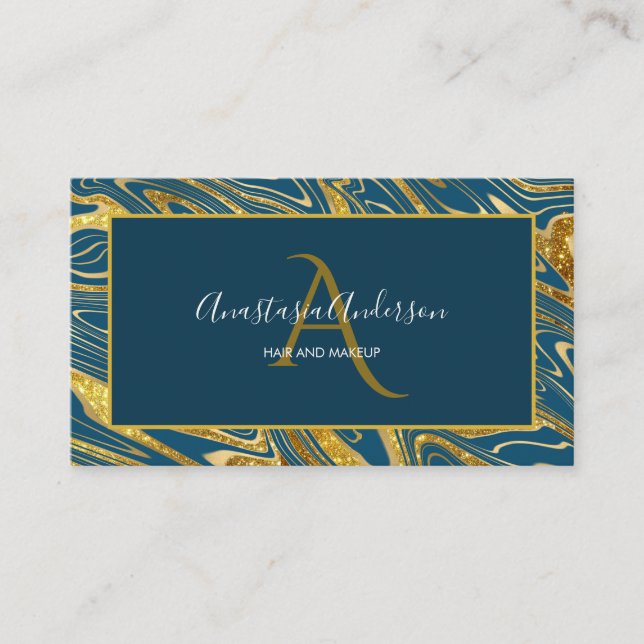 Aquamariner Blue Green Gold Marbour Glitzer Monogr Visitenkarte (Vorderseite)