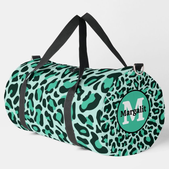Aquamariner Blue Leopard Print Monogram Large Duff Duffle Bag (Linke Ecke)