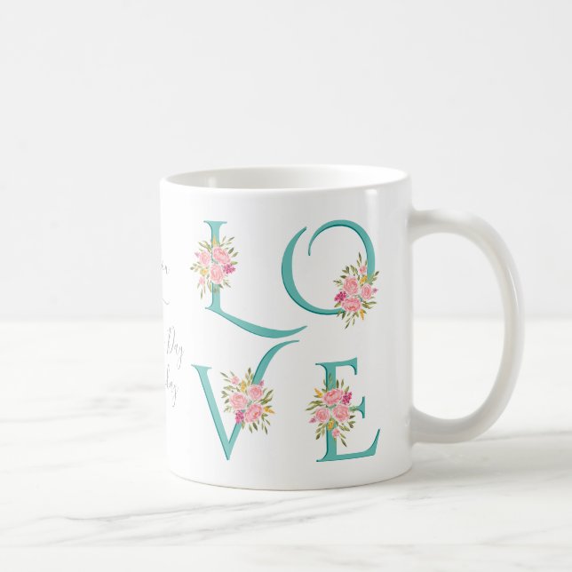 Aquamariner blühender Liebe typografischer Valenti Kaffeetasse (Rechts)