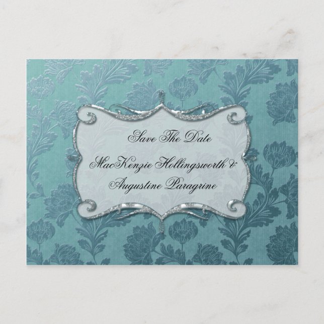 Aquamariner BlumenDamast Save the Date Ankündigungspostkarte (Vorderseite)