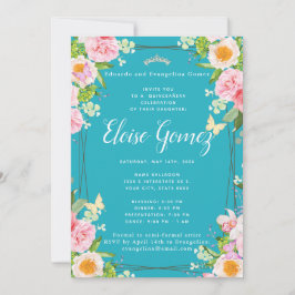 Aquamariner Blumenschmetterling Quinceanera Einlad Einladung