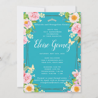 Aquamariner Blumenschmetterling Quinceanera Einlad Einladung