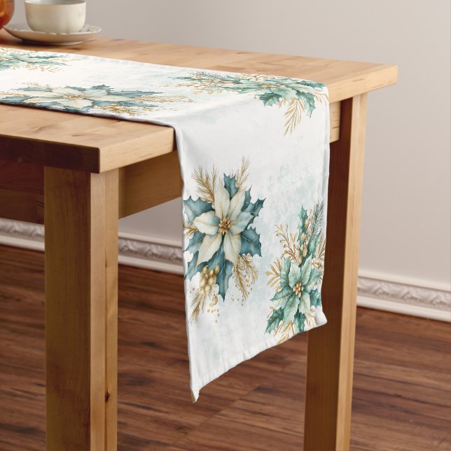 Aquamariner Blumenweihnachttisch mit Aquarellfarbe Mittelgroßer Tischläufer (Beispiel)