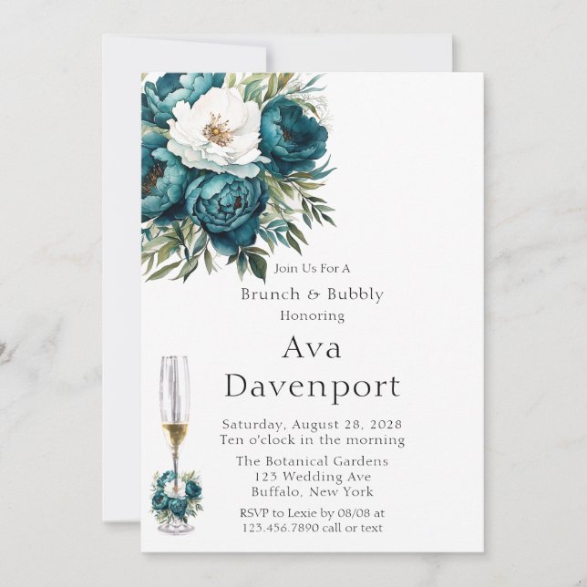 Aquamariner Botanischer Blumenbrunch & Bubbly Einladung (Vorderseite)